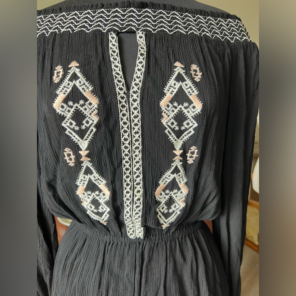 Fate black crepe embroidered off shoulder top. Peach and cream embroidery.  M